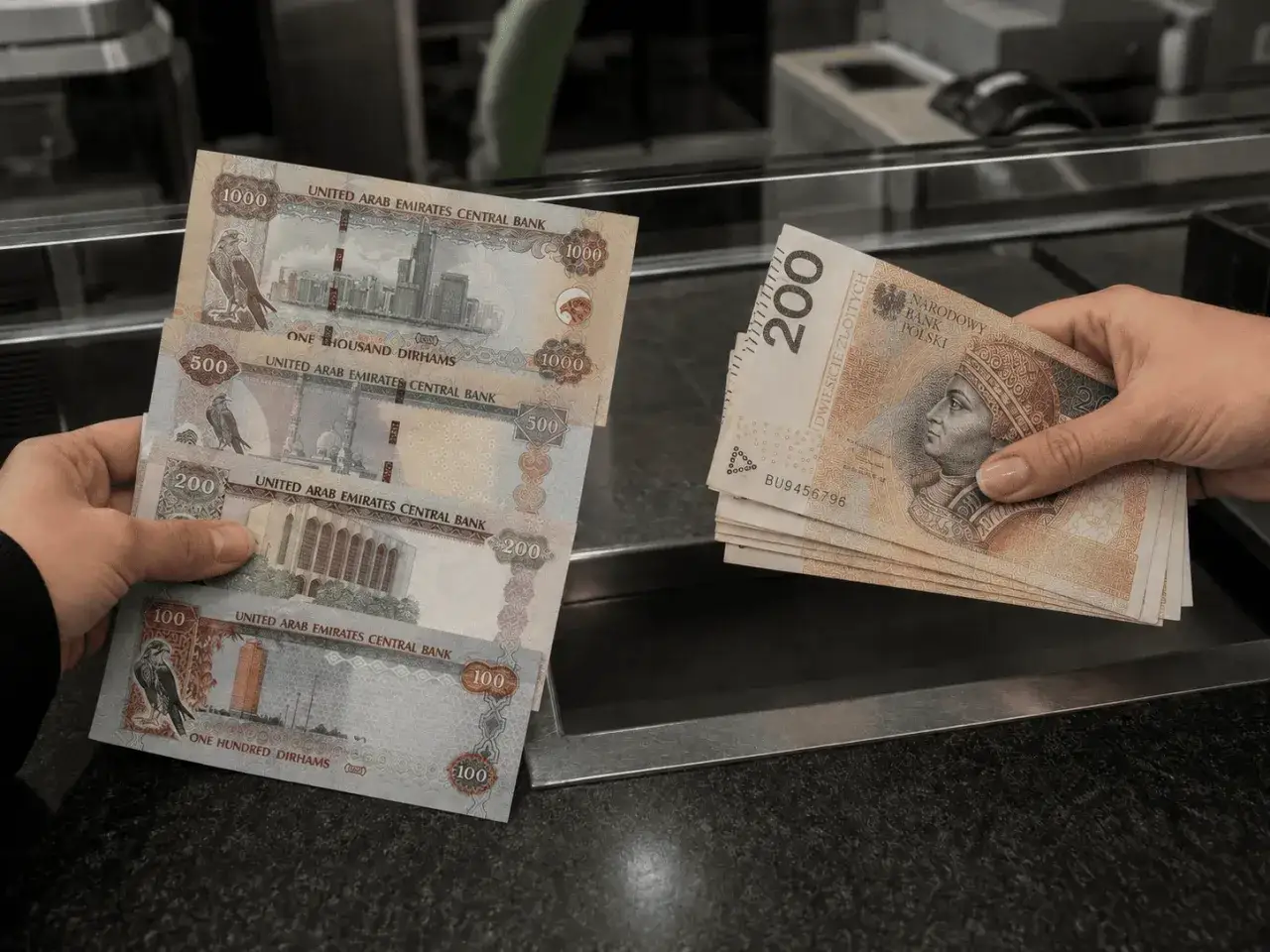 Ręce wymieniają banknoty: po lewej dirhamy ZEA (aed co to?), po prawej polskie złote.
