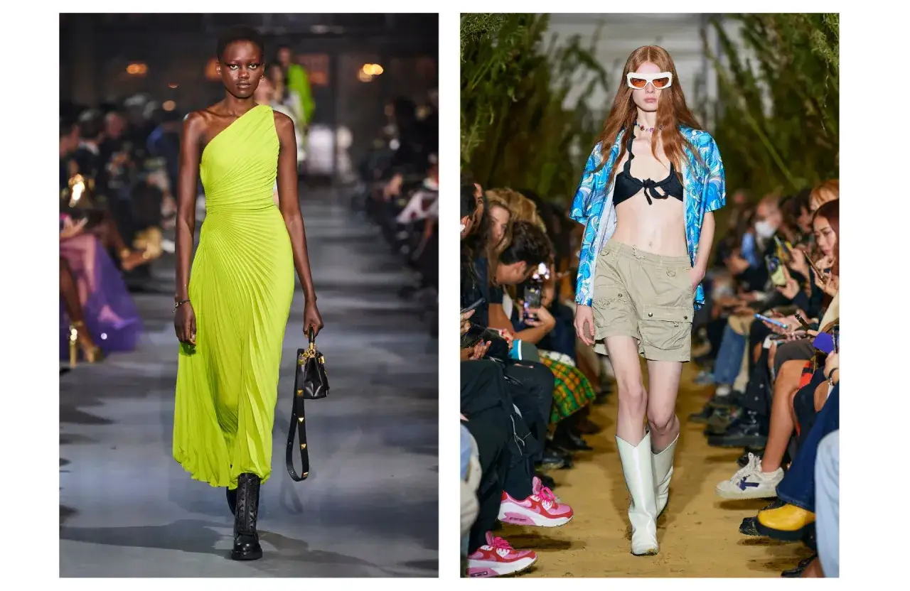 Mannequin portant une robe verte plissée et des bottines noires, et une autre mannequin en short cargo, bikini et chemise ouverte, avec des bottines blanches. Un style audacieux pour porter des bottines en été.