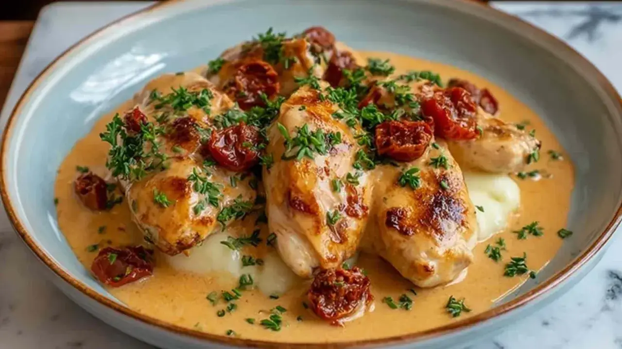 Poulet fondant nappé d'une onctueuse sauce chorizo, garni de tomates séchées et de persil frais, servi sur une purée crémeuse.