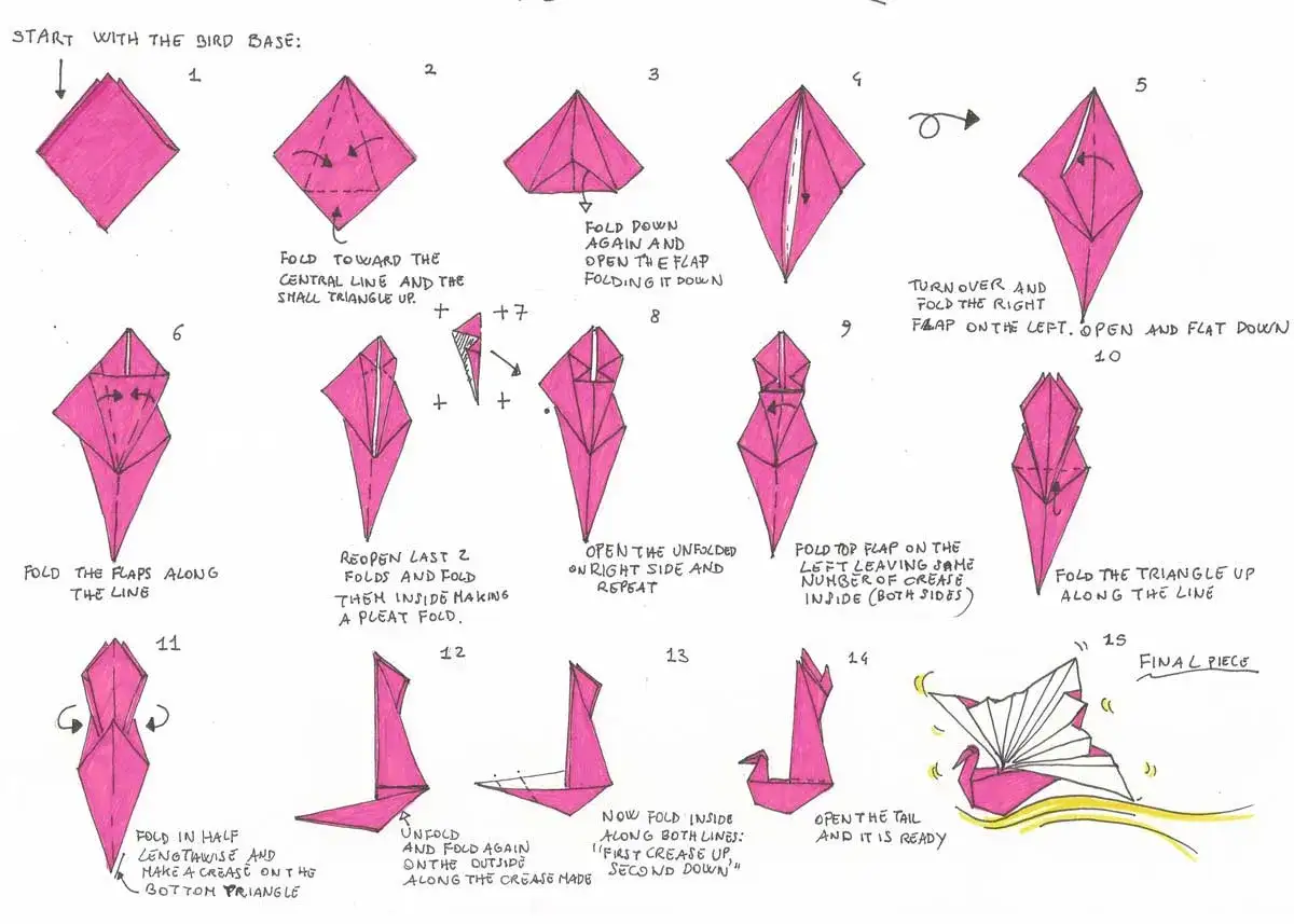 Schritt-für-Schritt-Anleitung für Origami-Kranich. Folge den Faltungen, um dein eigenes Papierkunstwerk zu erschaffen.