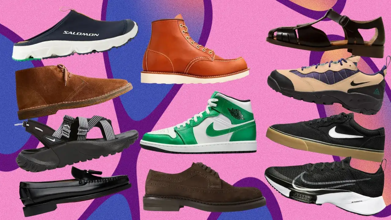 Kolekcja różnych marek butów: Salomon, Red Wing, Clarks, Nike, Jordan. Od sportowych po eleganckie.