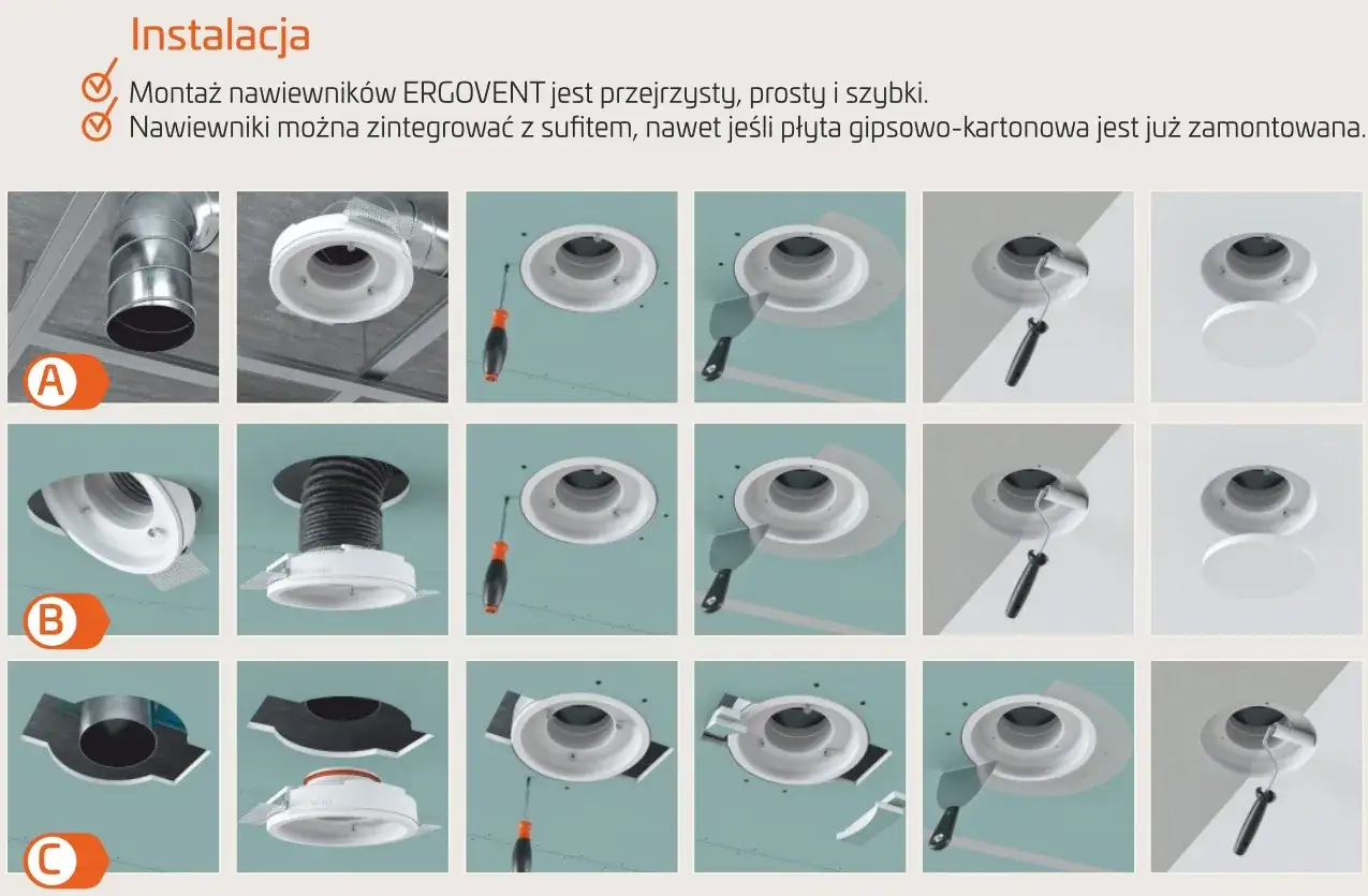 Instrukcja montażu: krok po kroku pokazano instalację okrągłego anemostatu nawiewnego ERGOVENT w suficie.