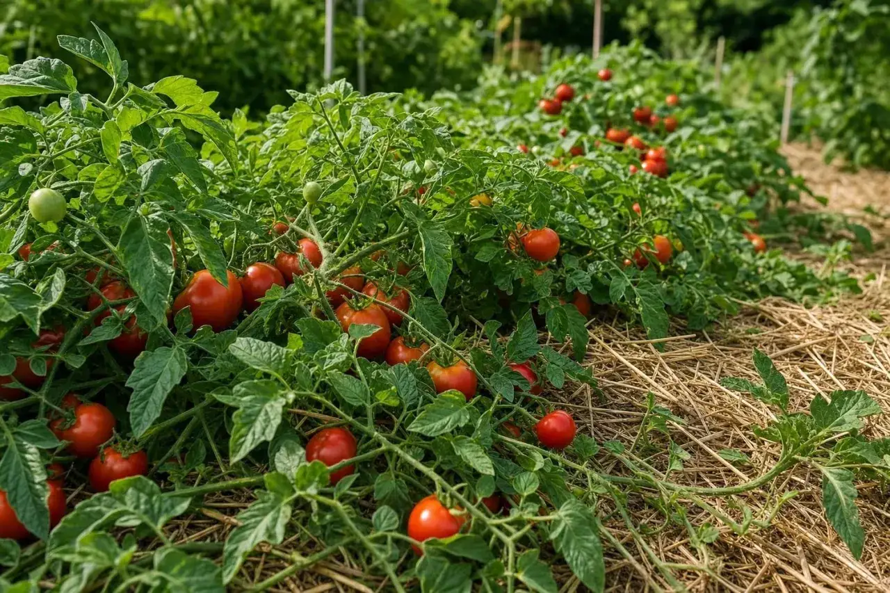 Un potager luxuriant de tomates rouges mûres, un vrai truc de grand-mère pour avoir de belles tomates. Le paillis de paille garde la terre humide.