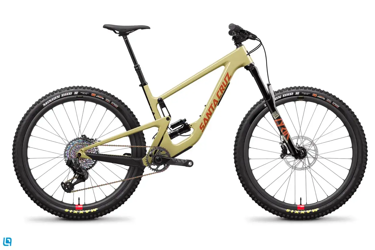 A tan 2020 Santa Cruz Hightower mountain bike with red