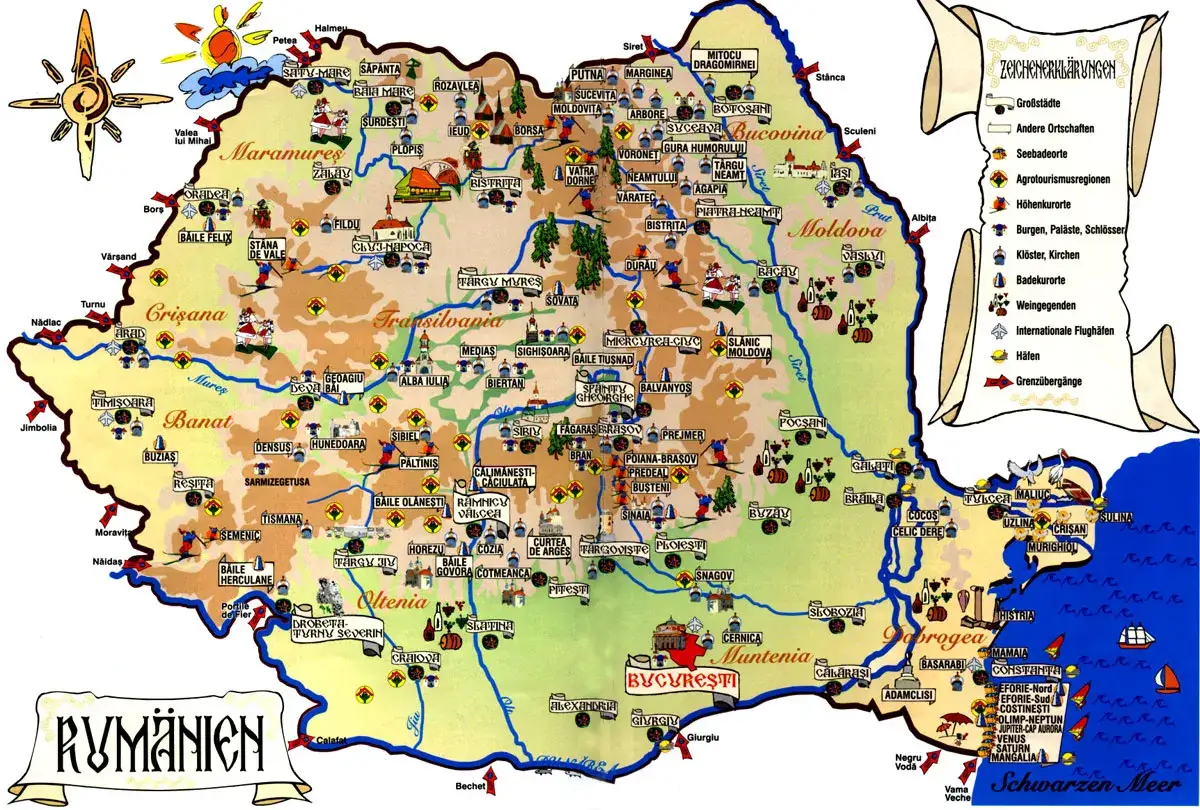 Mapa turystyczna Rumunii z zaznaczonymi +40 kierunkami, atrakcjami, miastami i regionami.