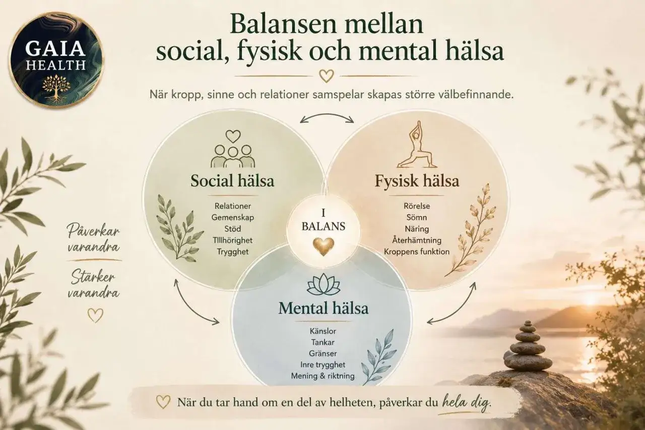 Diagram som visar sambandet mellan social, fysisk och mental h&auml;lsa, och hur dessa samverkar f&ouml;r ett balanserat liv.