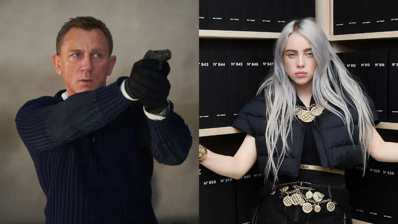 Daniel Craig z pistoletem i Billie Eilish, artystka, która nagrała piosenkę 