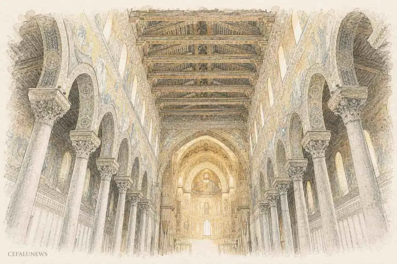 Interno di una cattedrale con mosaici dorati e archi, testimonianza dell'arte dei bizantini in Sicilia.