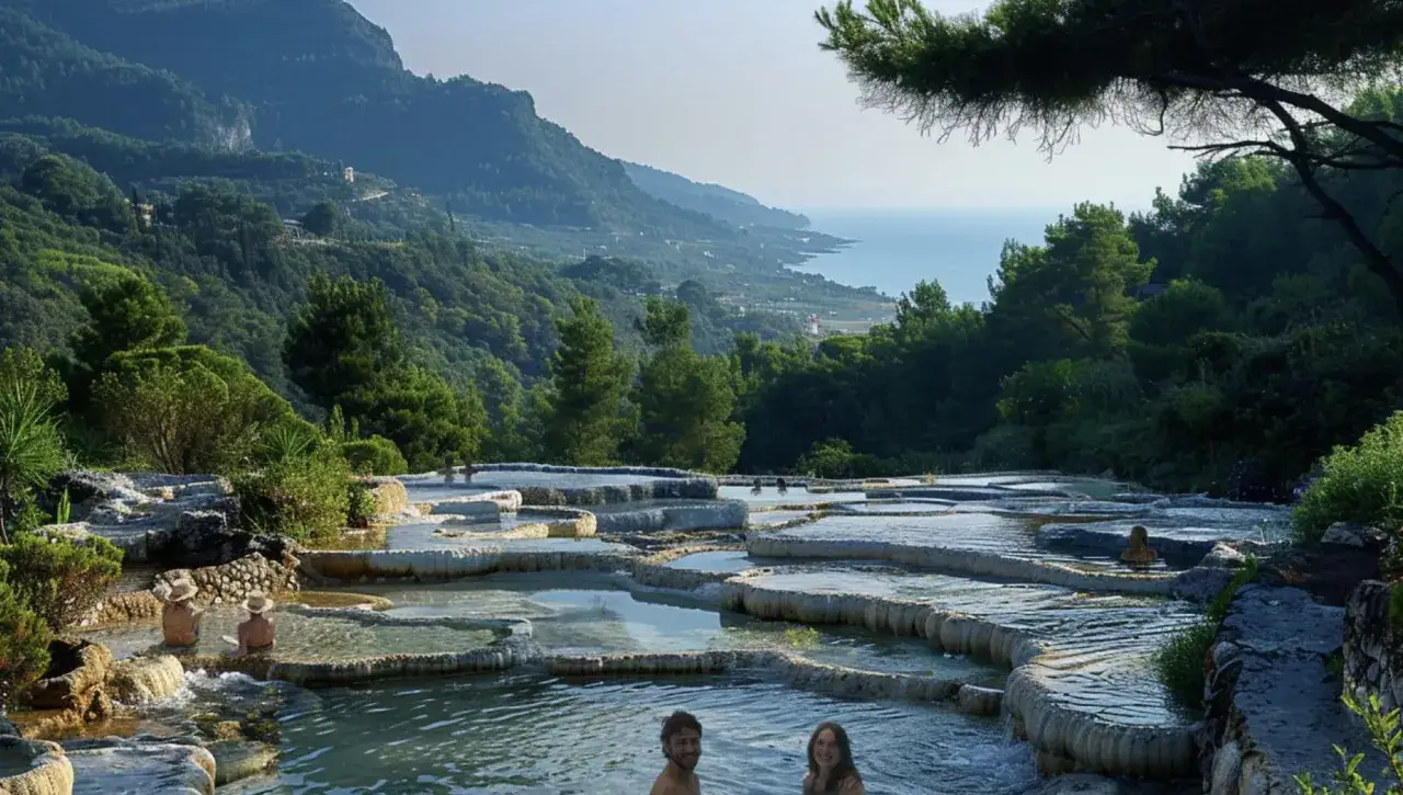 Cascate termali naturali con persone che si rilassano. Il paesaggio lussureggiante e il mare sullo sfondo evocano il **casamicciola significato** di benessere e natura incontaminata.