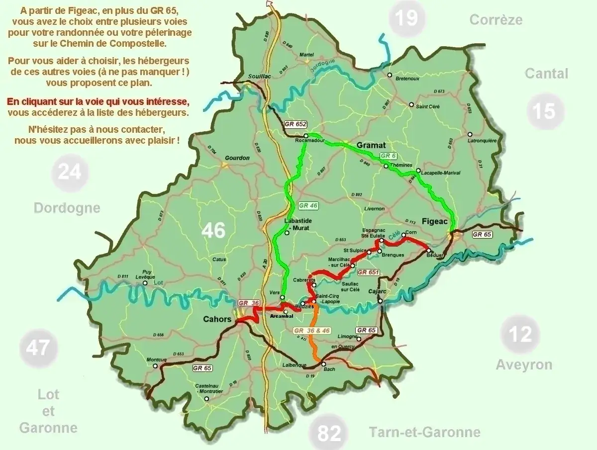 Carte des voies du p&egrave;lerinage de Compostelle dans le Lot, avec le GR 65 et d'autres chemins.