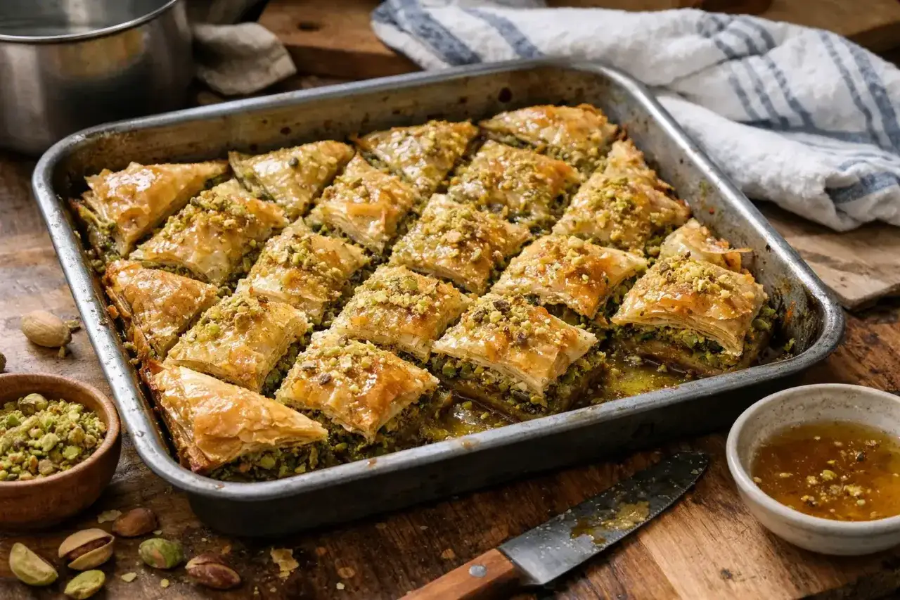 Un plateau de baklava maison, dor&eacute; et croustillant, garni de pistaches concass&eacute;es. Une d&eacute;licieuse recette de baklava &agrave; partager.