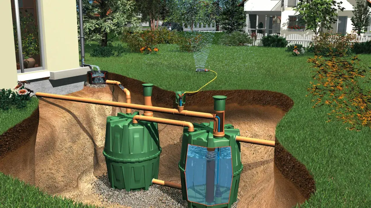Regenwasser auffangen: Grüne Tanks speichern Wasser, das vom Hausdach in den Garten geleitet wird, um die Rasensprenger zu versorgen.
