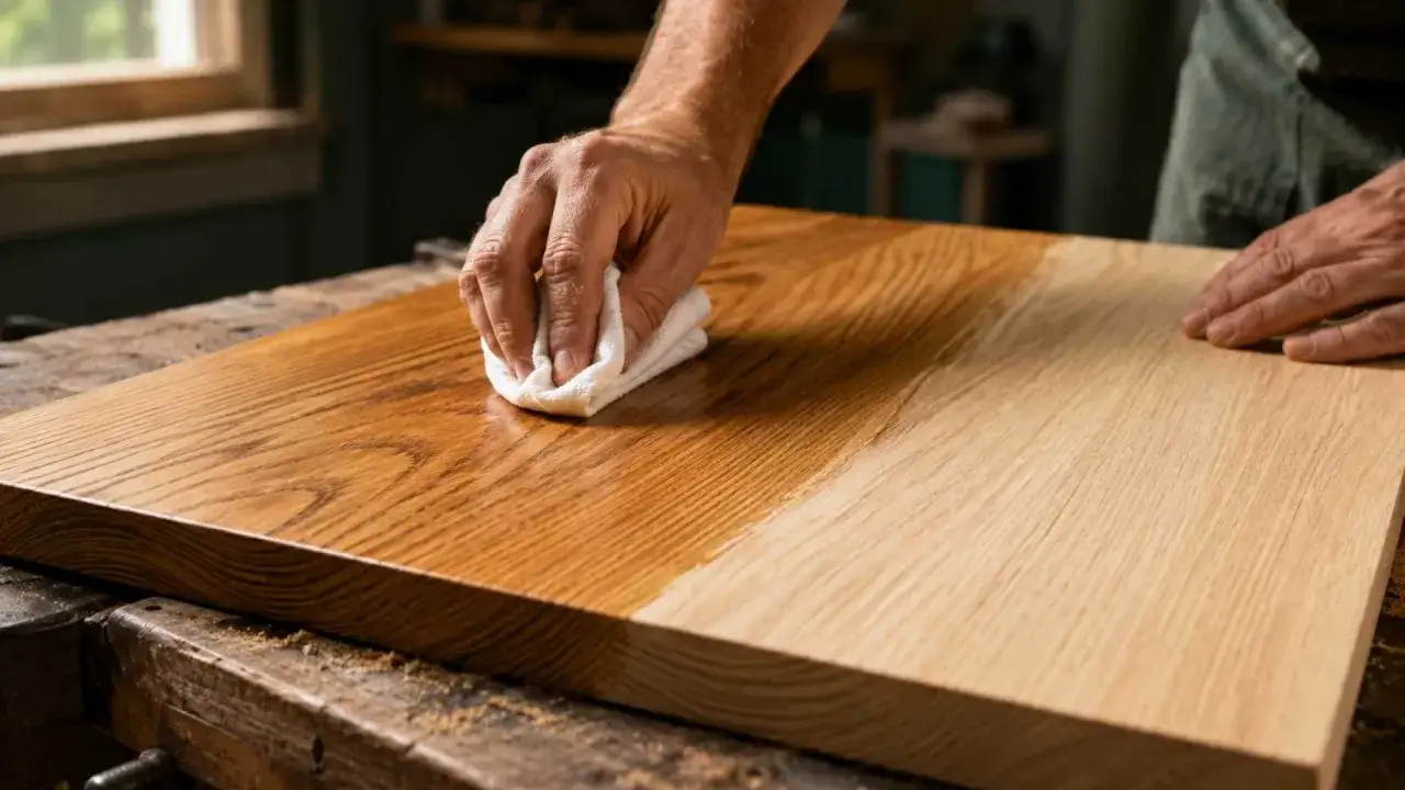 Main d'artisan appliquant un produit pour le traitement table bois. La moitié de la surface est déjà vernie, l'autre attend son tour.