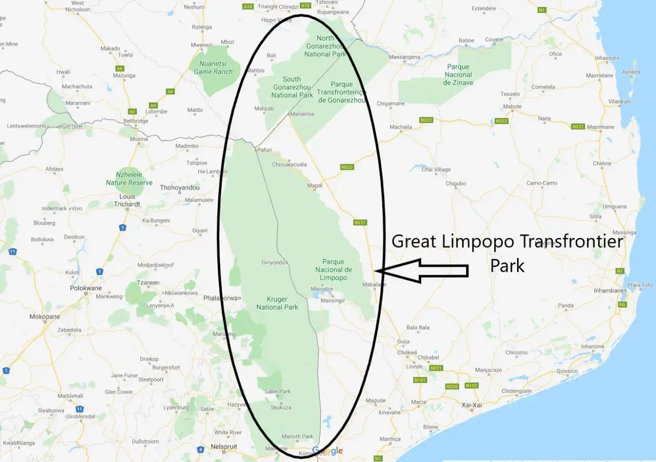 Mapa Parku Transgranicznego Wielkiego Limpopo. Planując podróż, kiedy najlepiej jechać do RPA, warto rozważyć ten obszar.