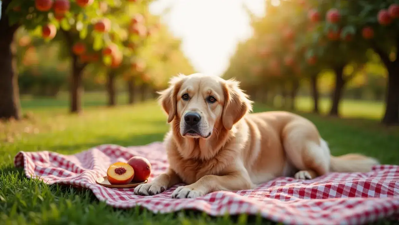Złoty retriever leży na piknikowym kocu obok talerzyka z brzoskwinią dla psa.