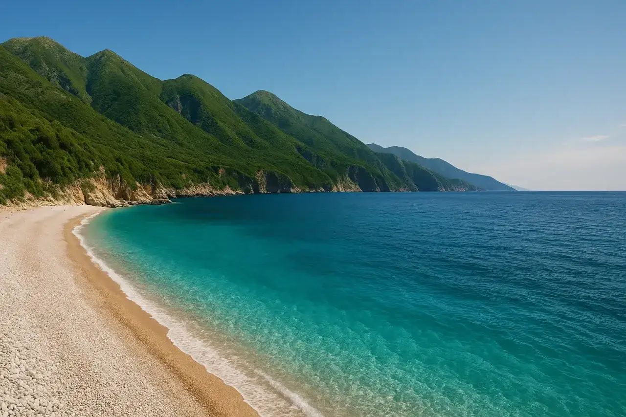 Malownicza plaża z kamienistym brzegiem i turkusową wodą, otoczona zielonymi wzgórzami. To piękny region z Albanią, idealny na wakacje.
