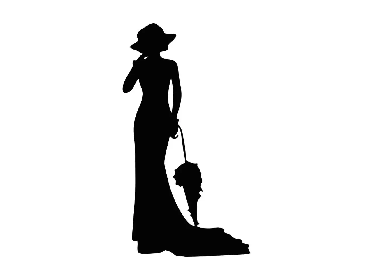 Silhouette d'une femme élégante en robe longue et chapeau, tenant un parapluie. C'est pas facile d'avoir du style, mais elle y arrive !