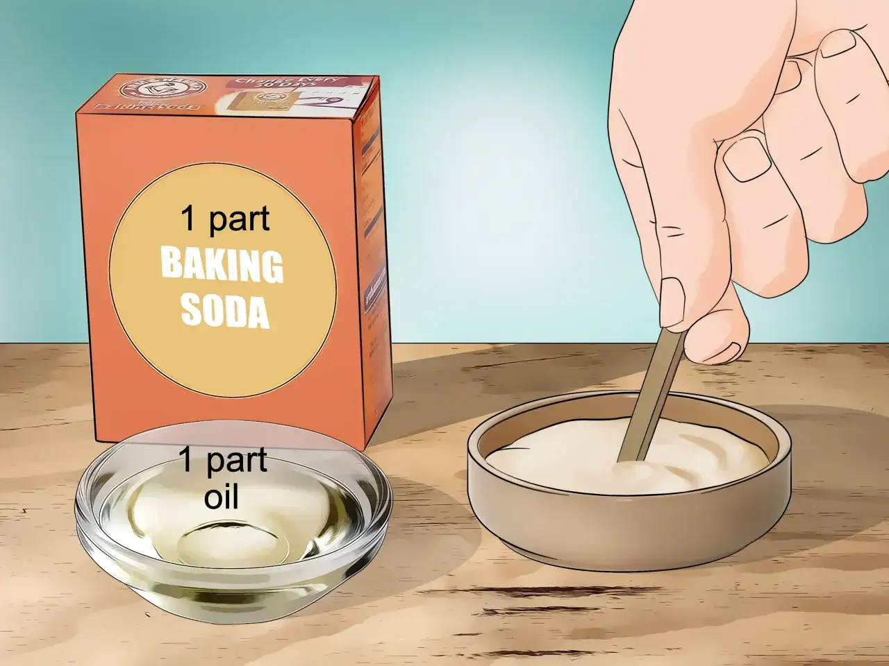 M&eacute;lange de bicarbonate de soude et d'huile pour enlever une tache de colle tenace.
