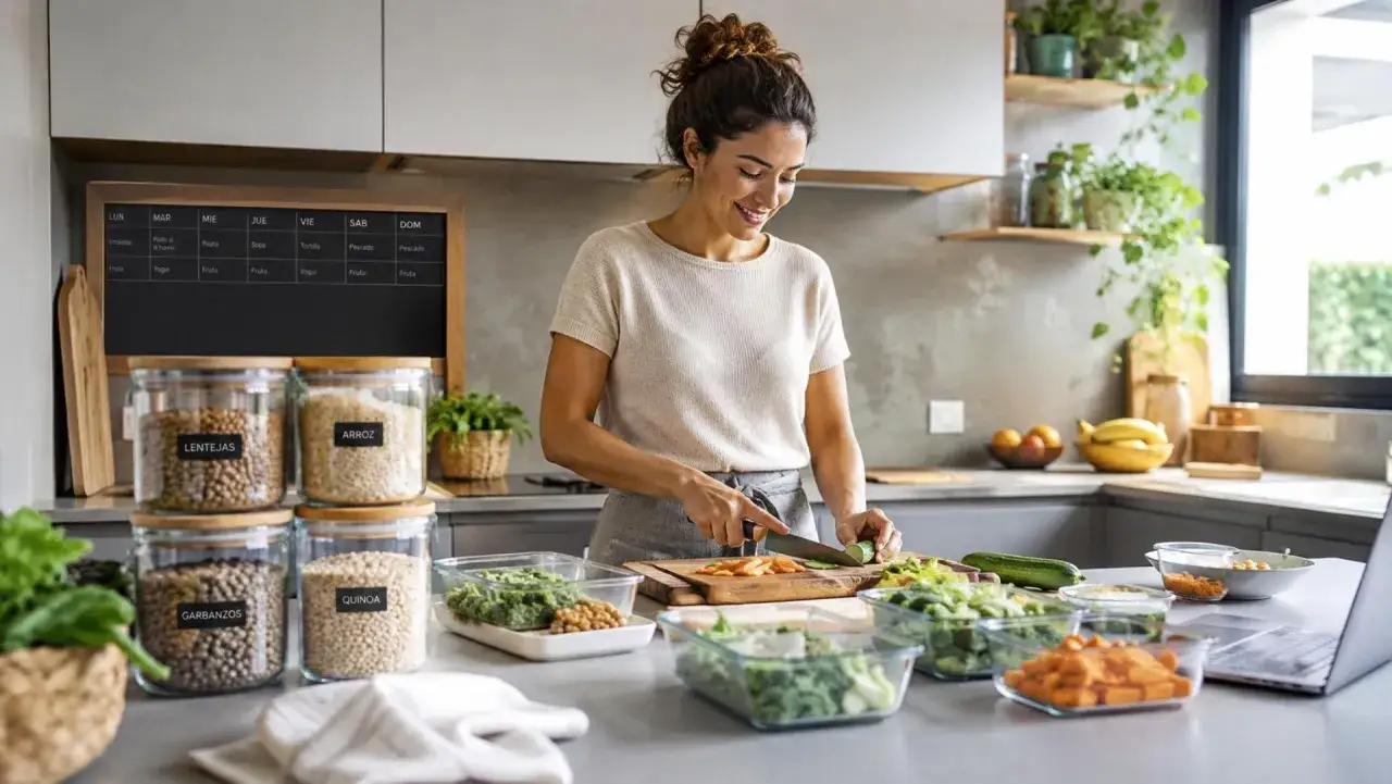 Mujer sonriente prepara sus comidas con el método