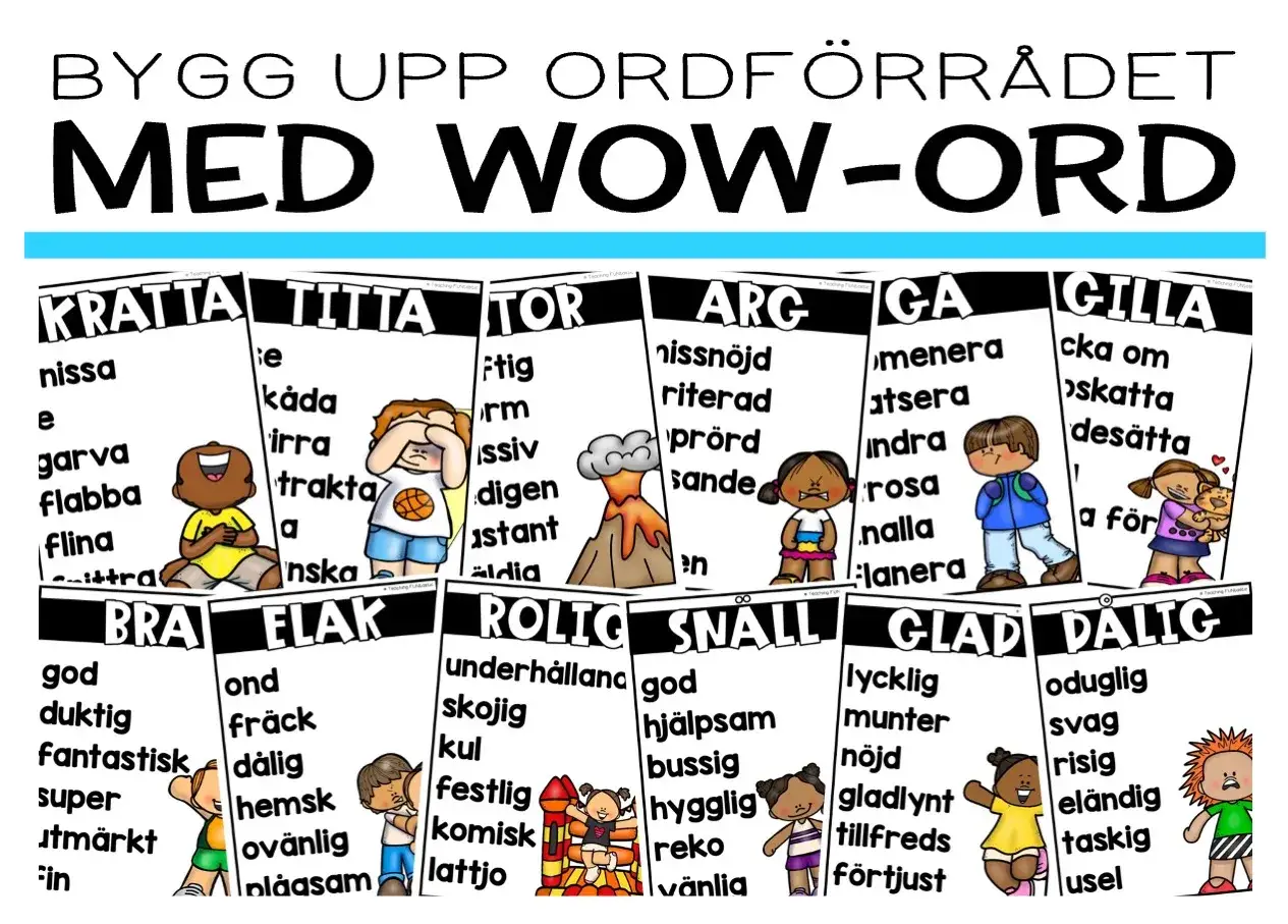 Affisch med ordlistor för att bygga ordförråd. Varje ordlista har en rubrik, illustration och synonymer, som en gåta synonym.