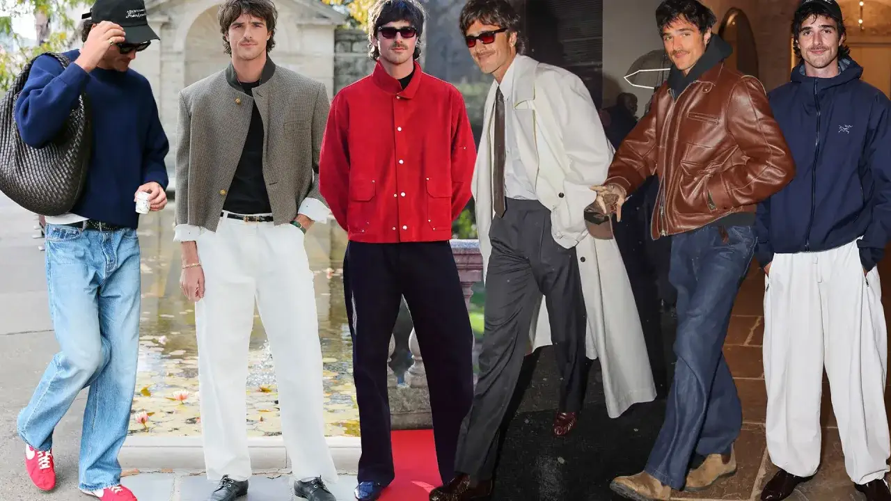 Jacob Elordi style: En man i olika outfits, fr&aring;n avslappnade jeans till eleganta rockar.