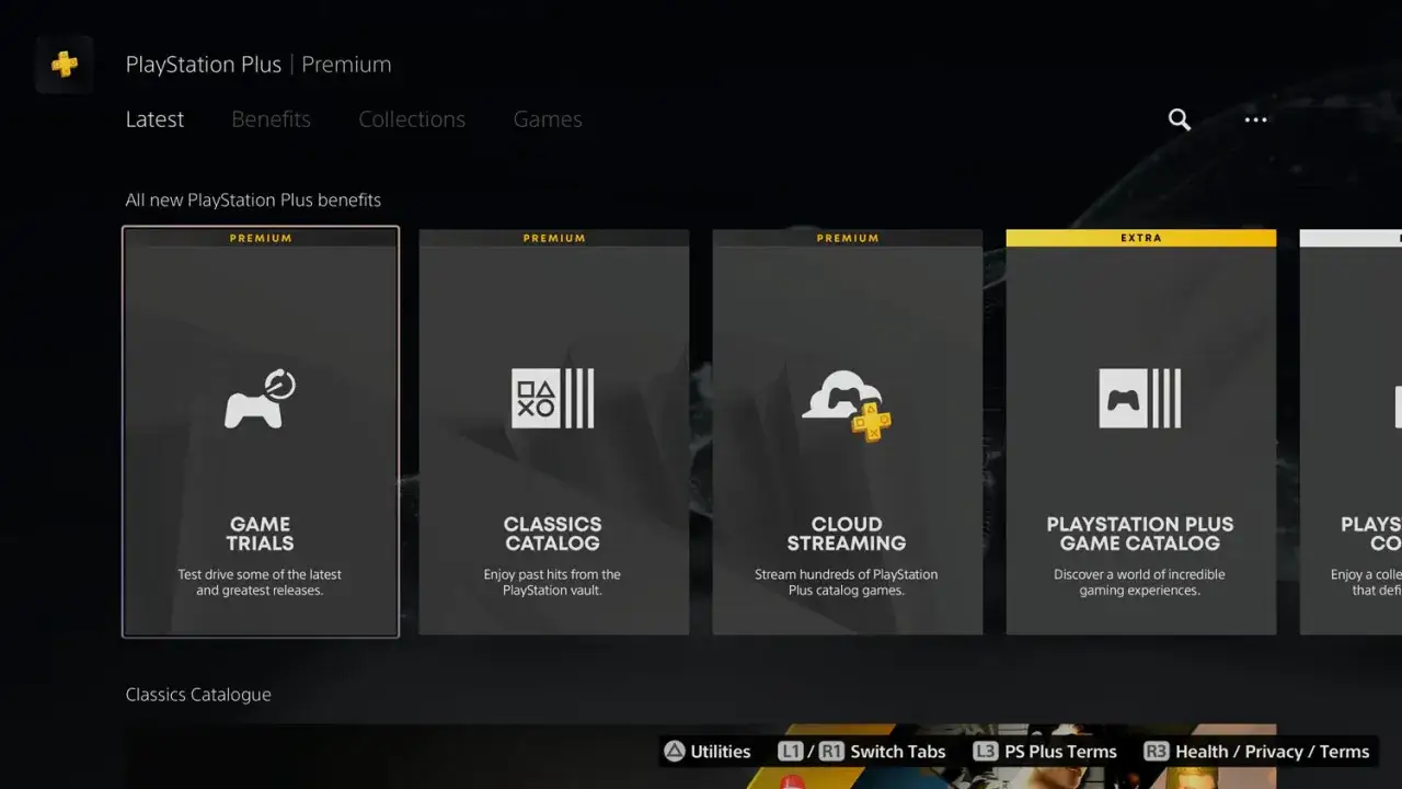Menu PlayStation Plus Premium z opcjami: Game Trials, Classics Catalog, Cloud Streaming, PlayStation Plus Game Catalog.