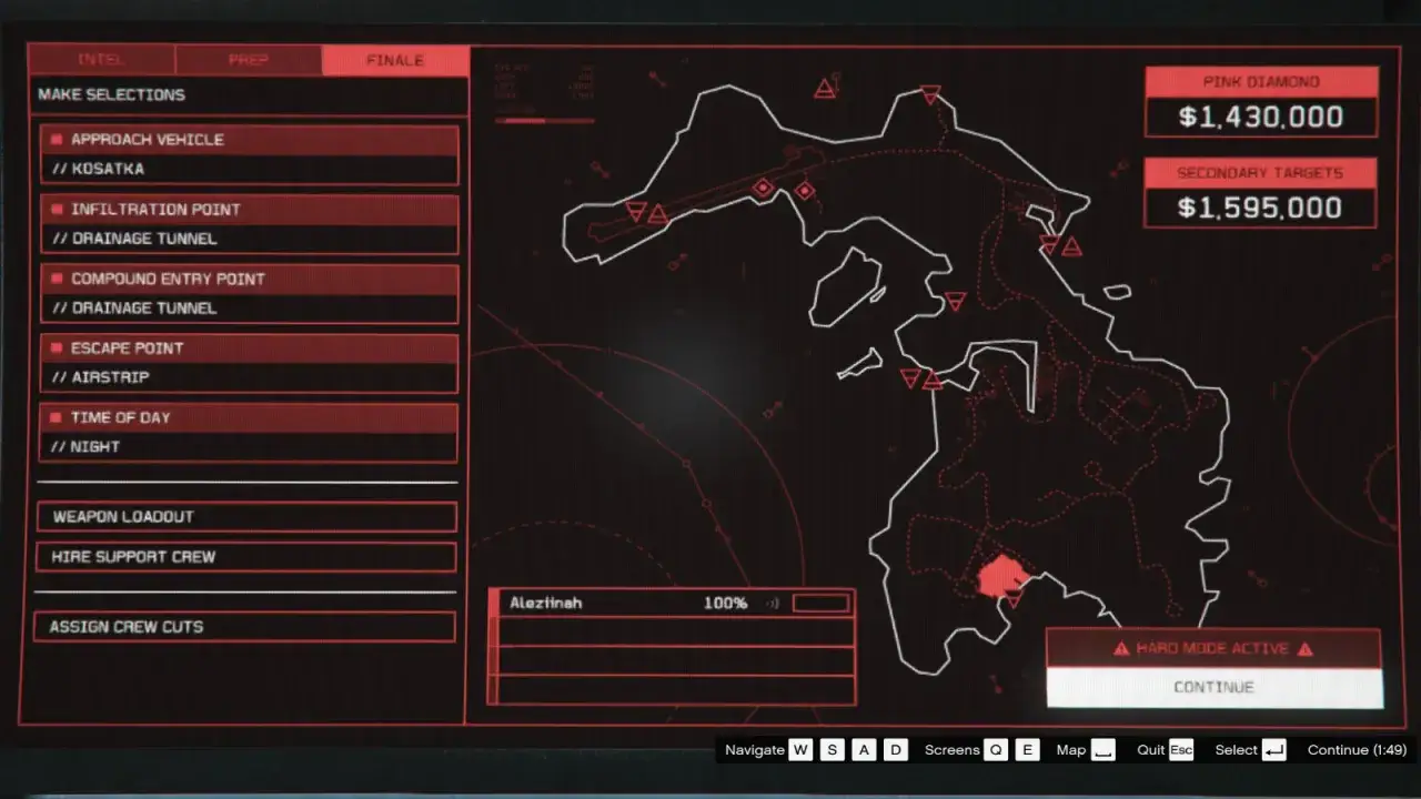 Mapa Cayo Perico z zaznaczonymi punktami infiltracji i ucieczki. Planowanie napadu na wyspę.