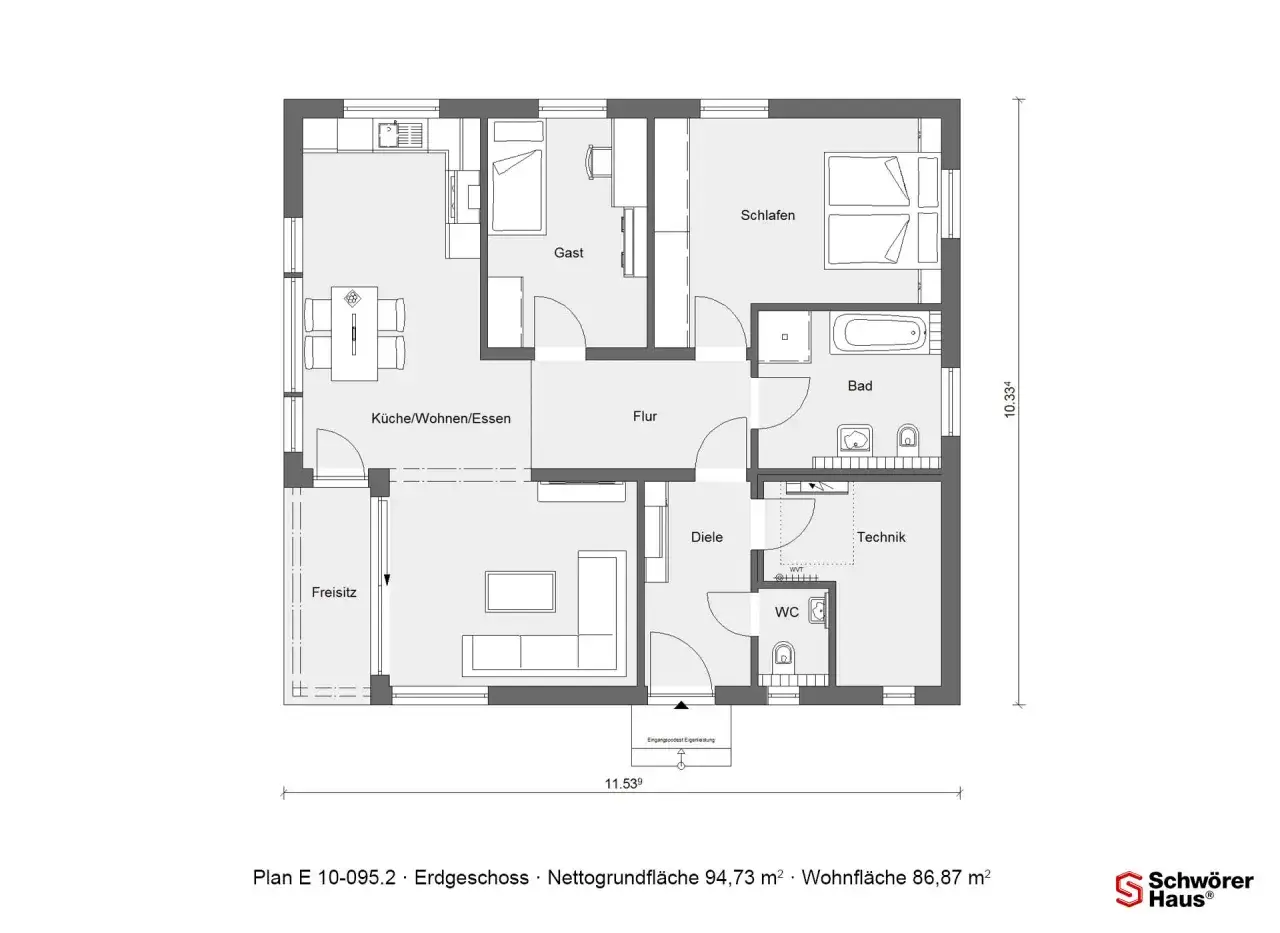 Grundriss eines Bungalows mit K&uuml;che/Wohnen/Essen, Schlafzimmer, Bad, Technik und Freisitz.