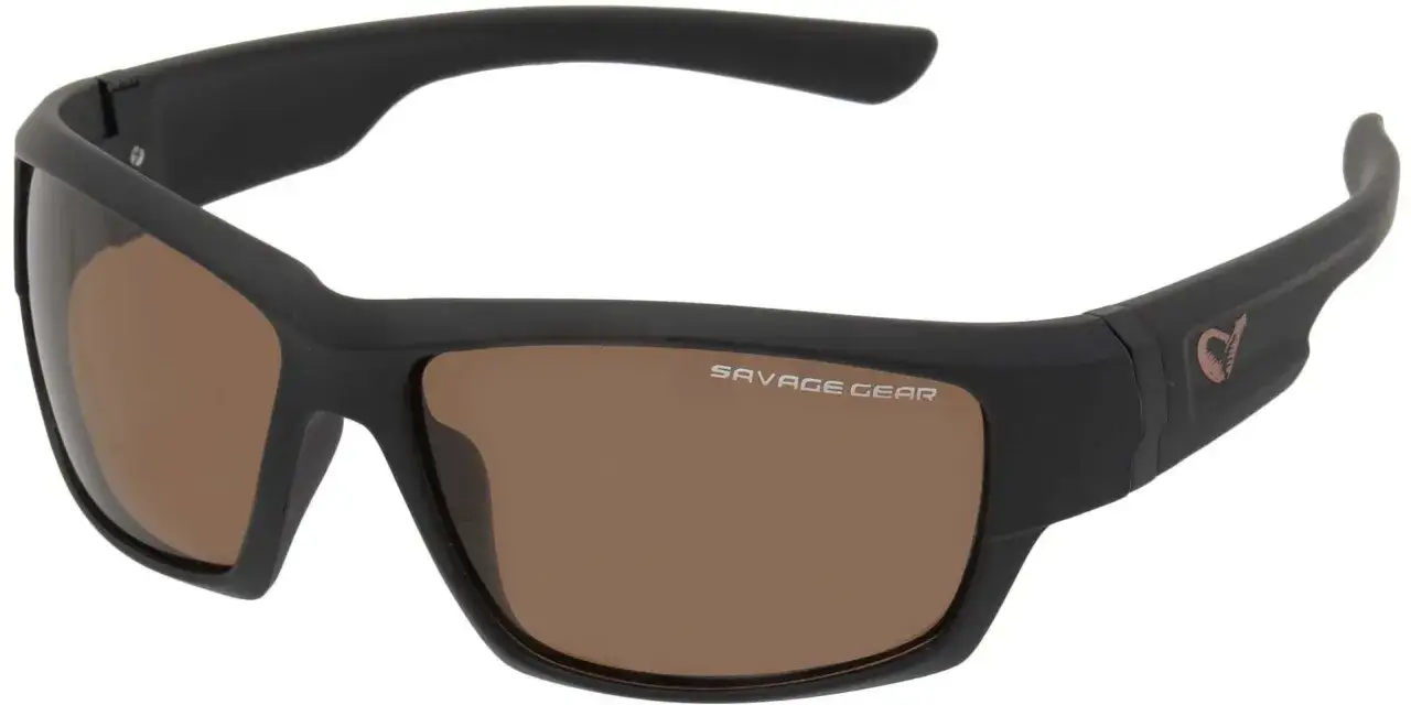 Czarne okulary polaryzacyjne Savage Gear z brązowymi soczewkami, idealne na ryby, poprawiają widoczność pod wodą.