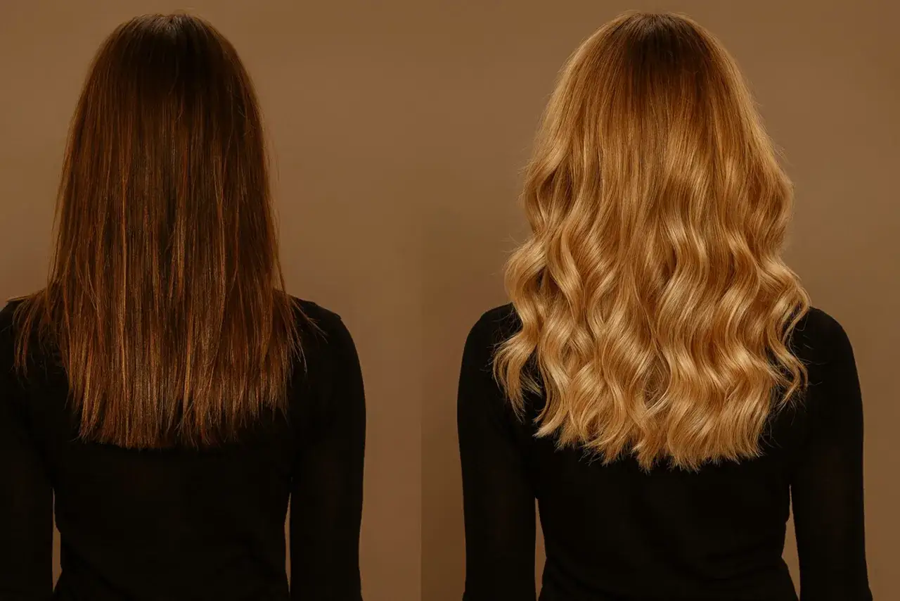 Avant/après : des cheveux châtains foncés et raides se transforment en une chevelure blonde ondulée et lumineuse.