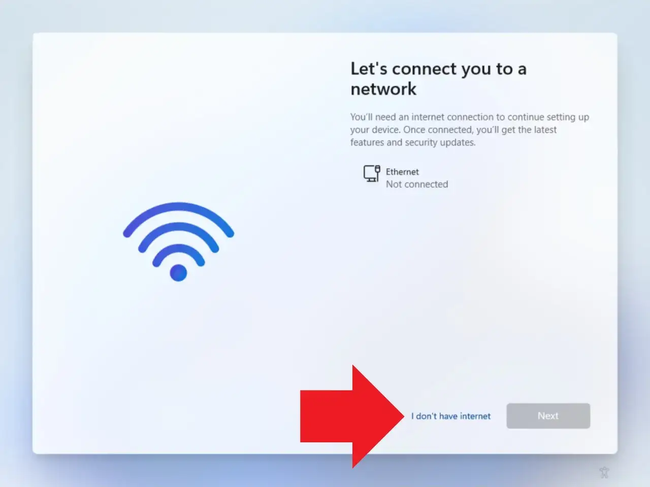 Ekran konfiguracji Windows 11, gdzie można pominąć połączenie sieciowe (oobe bypassnro), klikając