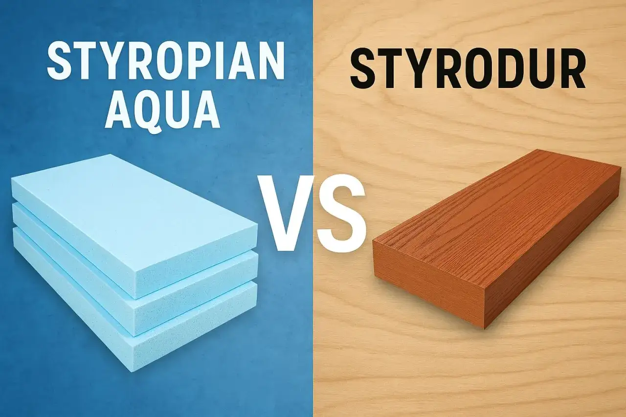 Styropian Aqua vs. styrodur. Porównanie niebieskich płyt styropianowych z brązowym materiałem przypominającym drewno.
