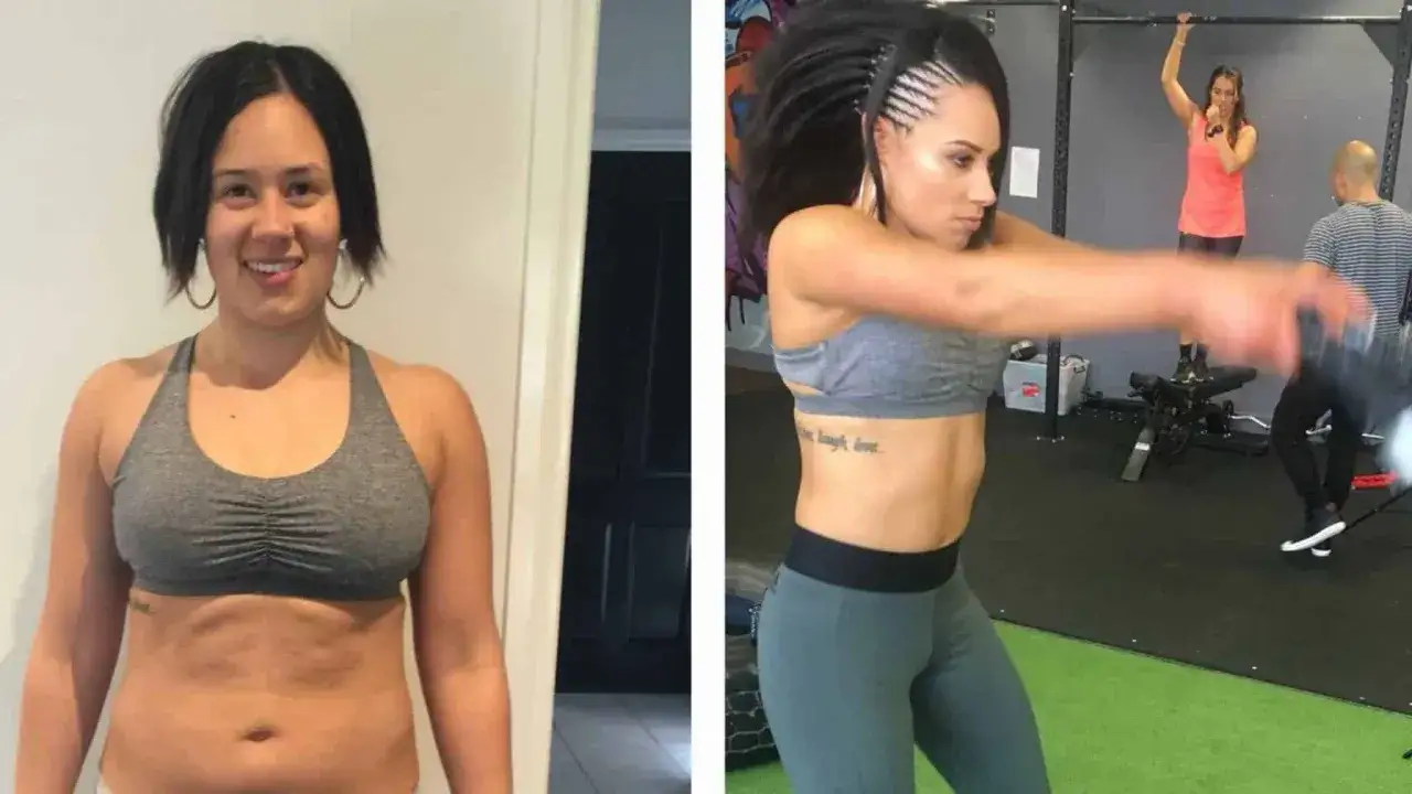 Przed i po: czy bieganie odchudza? Kobieta w siłowni, ćwicząca z kettlebell, pokazuje efekty treningów.