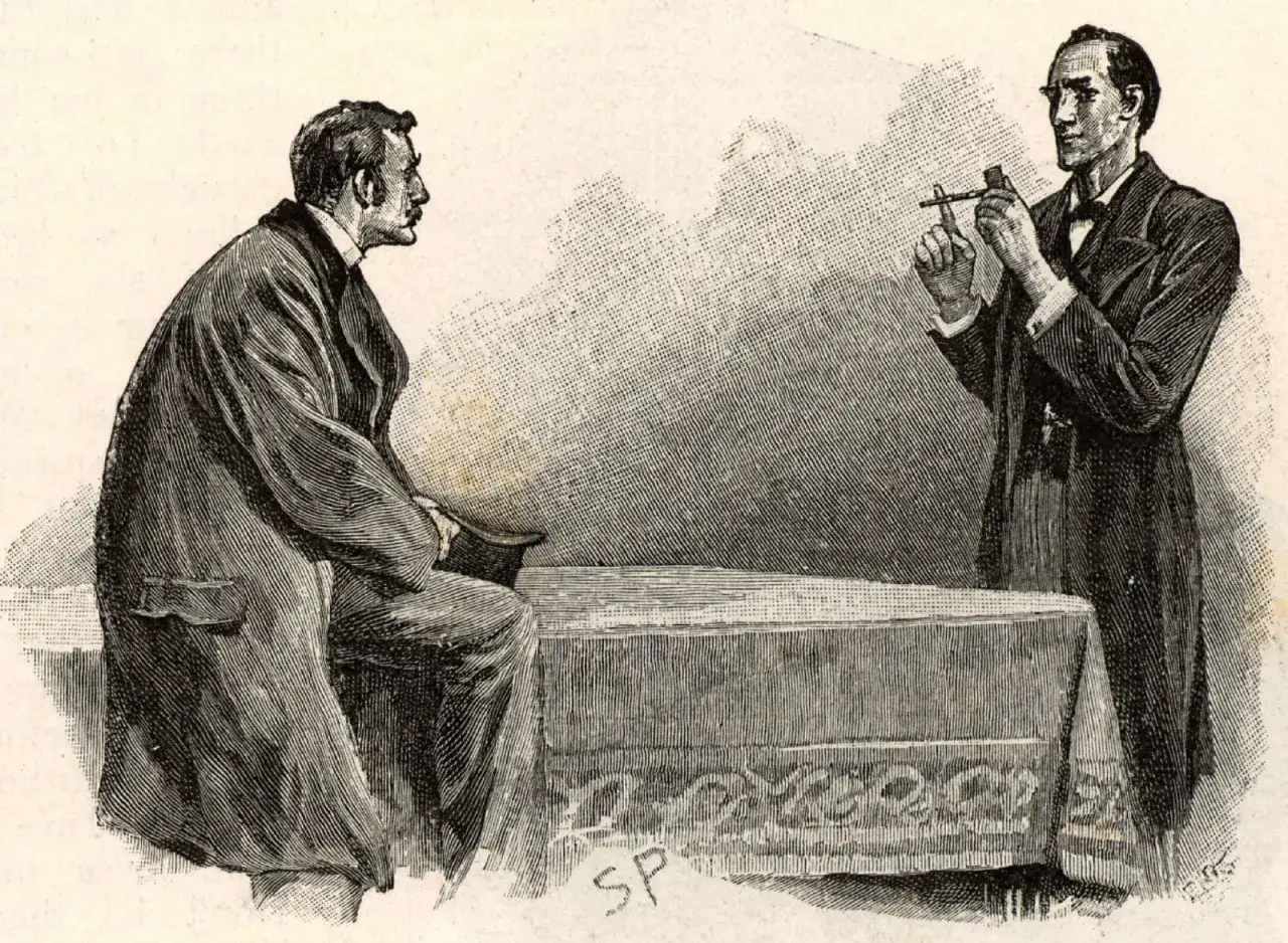 Ilustraci&oacute;n de Arthur Conan Doyle, con Sherlock Holmes examinando un objeto y Watson sentado.