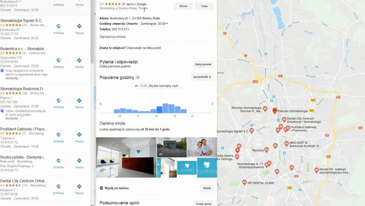 Mapa Bielska-Białej z zaznaczonymi gabinetami stomatologicznymi. Widoczny jest przykład skutecznego **marketingu lokalnego** w wyszukiwarce.
