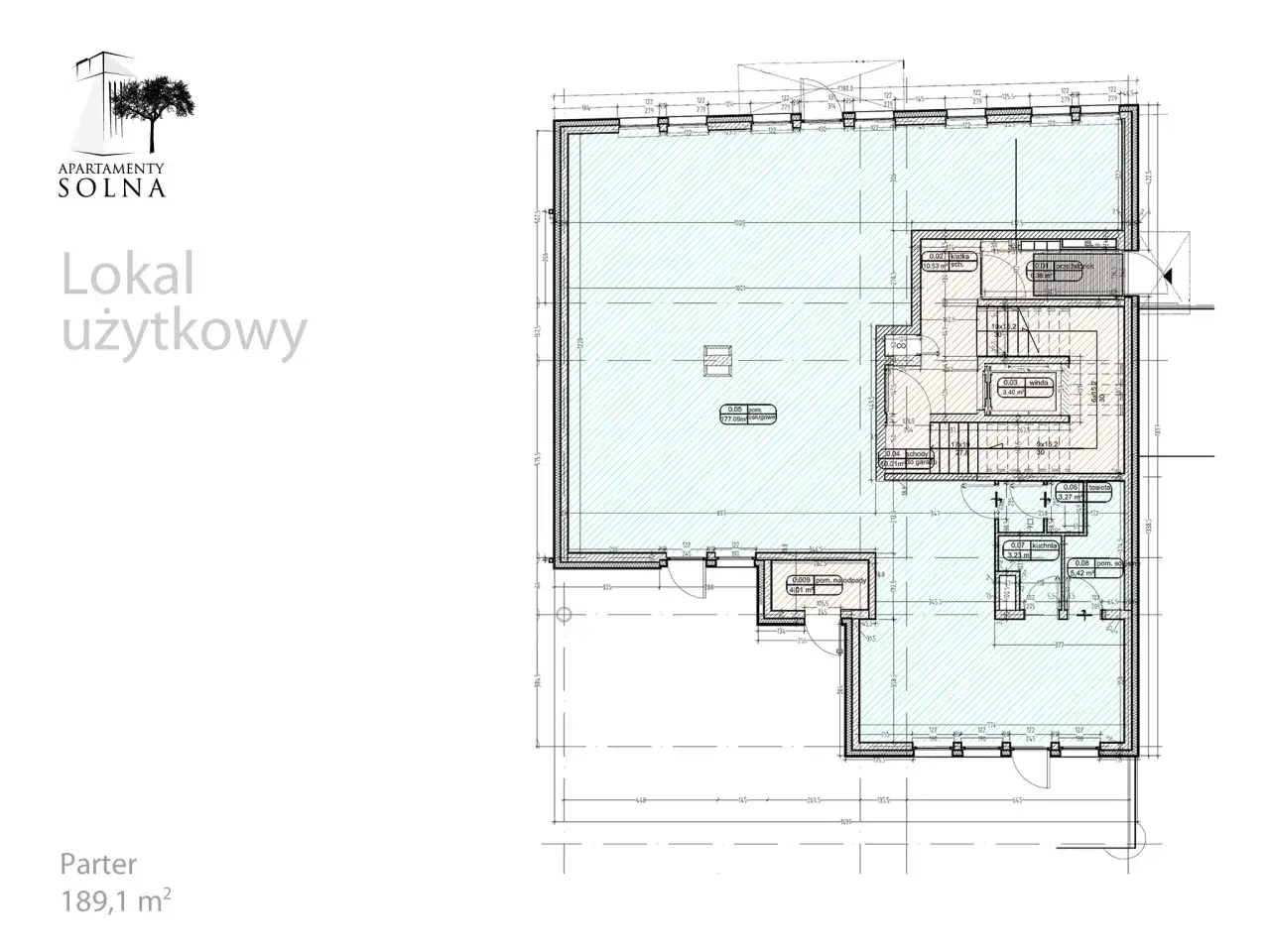 Plan parteru z oznaczeniem lokalu użytkowego o powierzchni 177,09 m². Widoczne pomieszczenia: klatka schodowa, przedsionek, winda, schody, toaleta, kuchnia, pom. socjalne, pom. na odpady.
