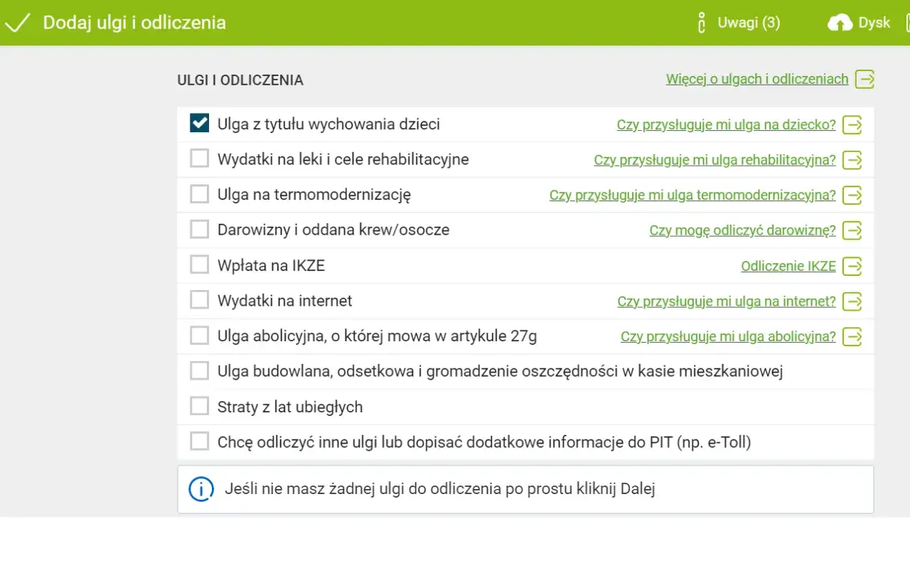 Formularz podatkowy z opcjami ulg. Zaznaczona