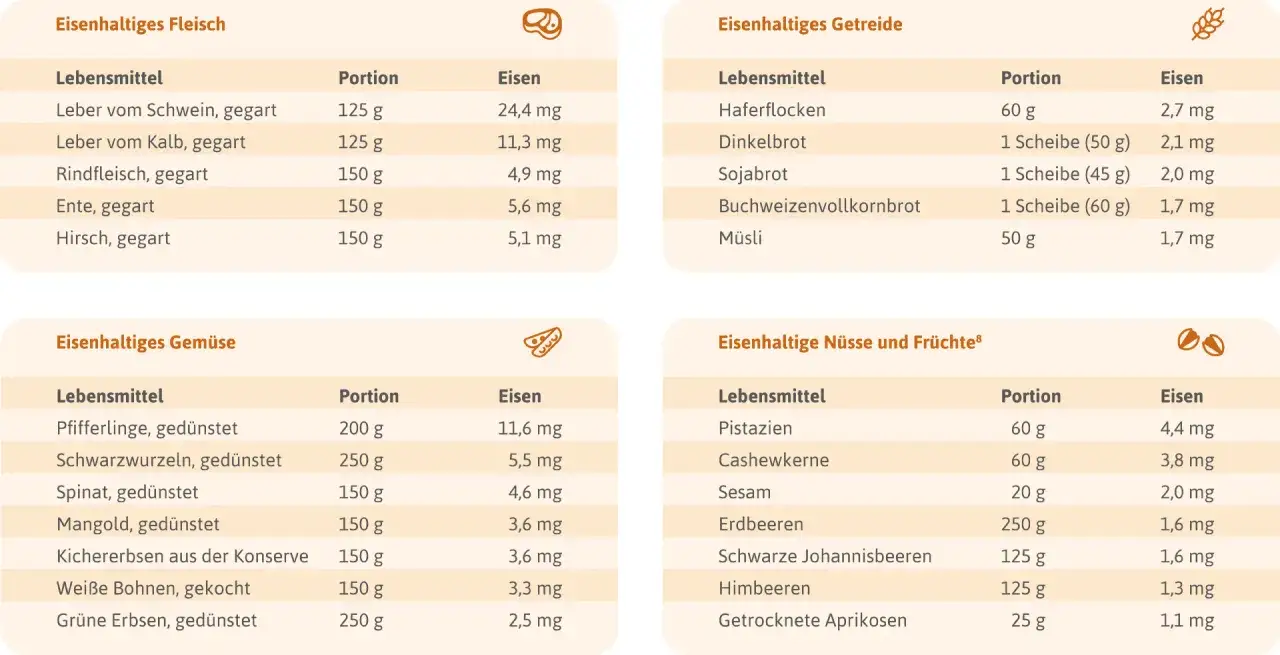 Tabellen zeigen eisenreiche Lebensmittel f&uuml;r die Schwangerschaft: Fleisch, Gem&uuml;se, Getreide, N&uuml;sse und Fr&uuml;chte.