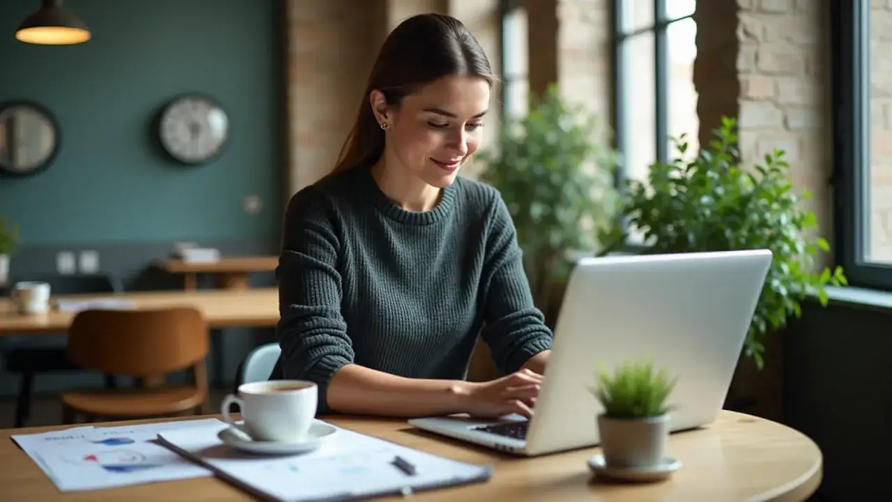 Kvinna arbetar vid laptop, planerar att starta konkurrerande verksamhet. Kaffe och dokument p&aring; bordet.