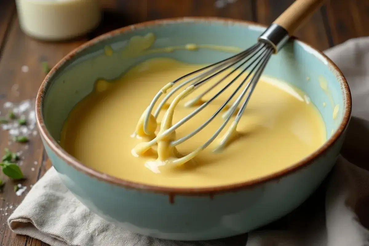 Un fouet mélange une mayonnaise onctueuse dans un bol bleu. La texture crémeuse suggère qu'il est facile de faire une mayonnaise maison.
