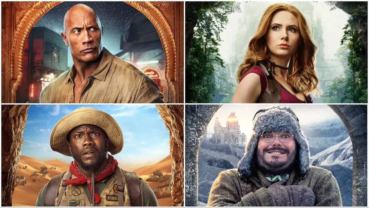 Dwayne Johnson, Karen Gillan, Kevin Hart i Jack Black w plakatach promujących filmy Jumanji.
