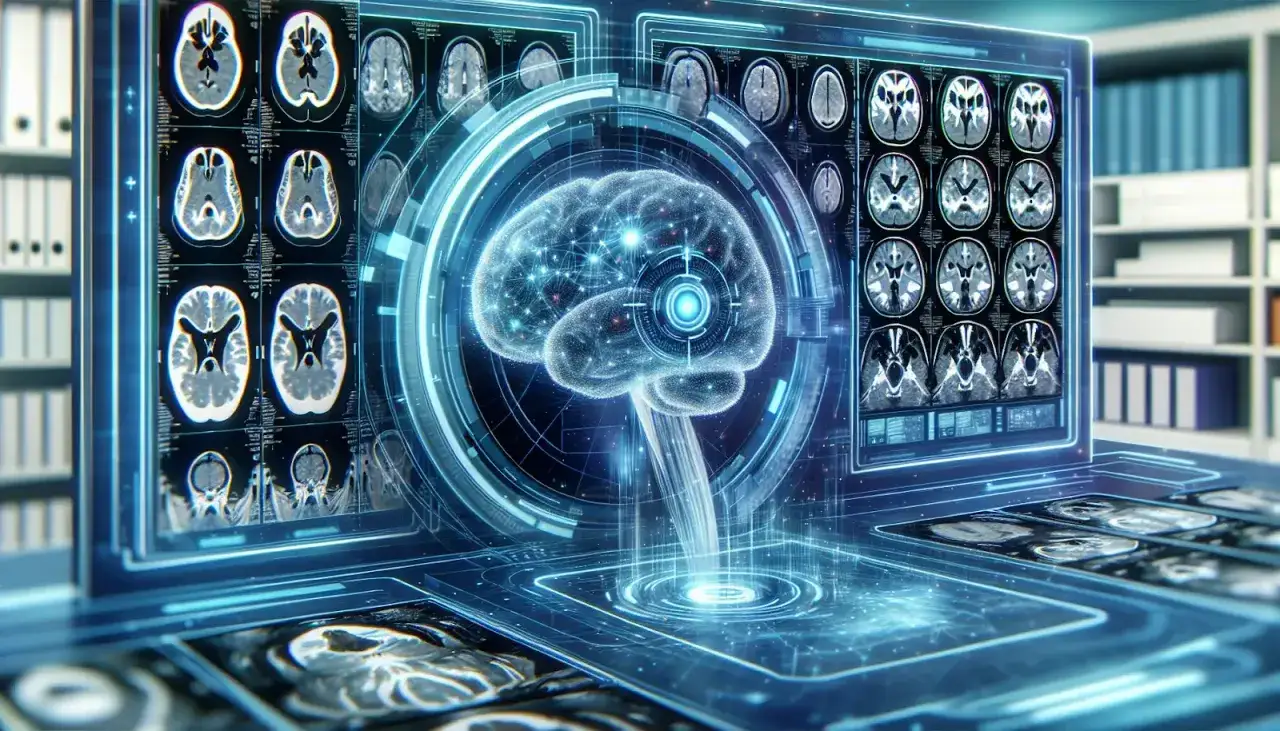 Schermo futuristico mostra scansioni cerebrali e un cervello digitale, simbolo dell'intelligenza artificiale e medicina.