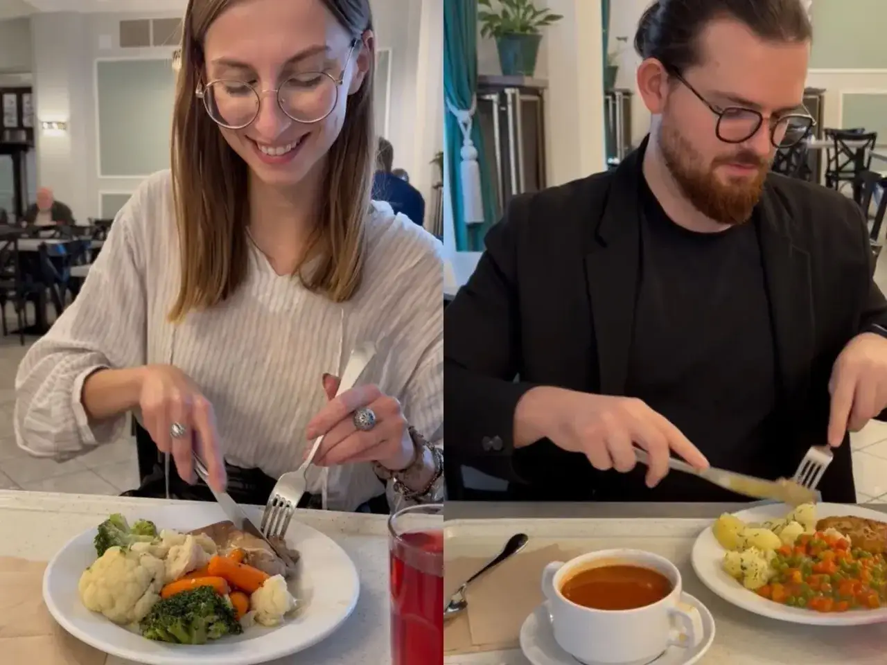 Para młoda je obiad w restauracji. Ona ma na talerzu mięso z warzywami, on zupę i drugie danie. Ceny w restauracjach są różne.