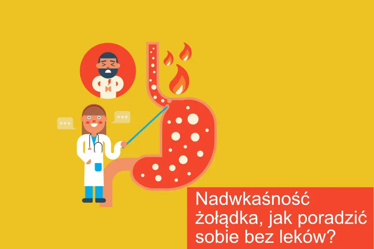 Lekarka wyjaśnia problem nadkwaśności żołądka, pokazując palcem na płonący żołądek. Tekst: