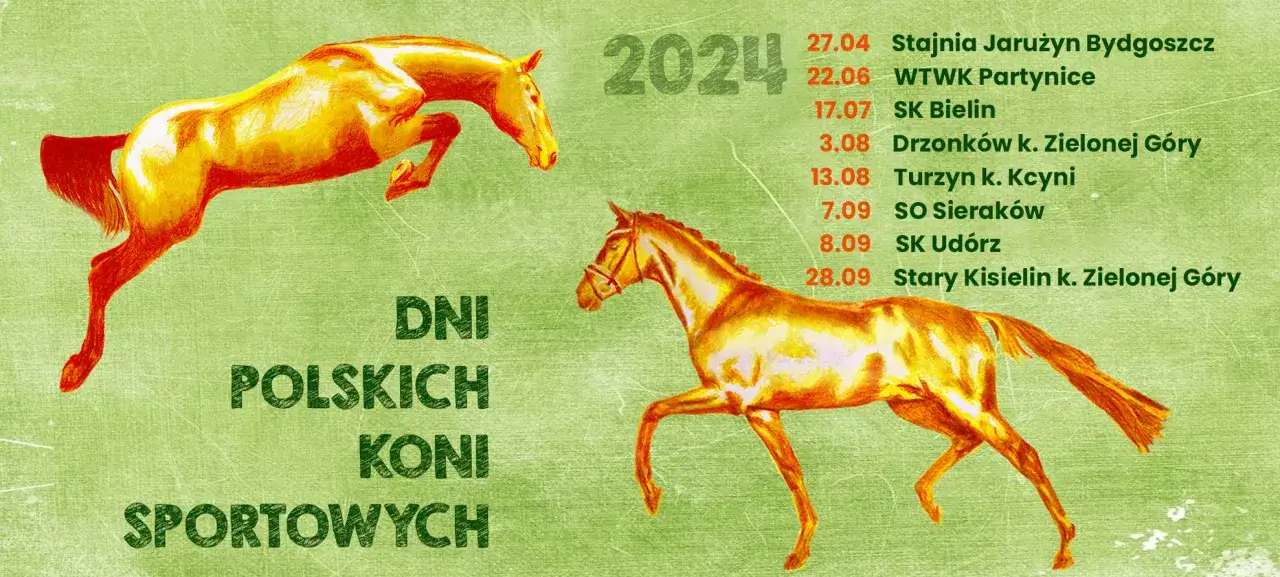 Dwa złote konie, jeden w skoku, drugi w galopie, na zielonym tle. Obok lista wydarzeń 