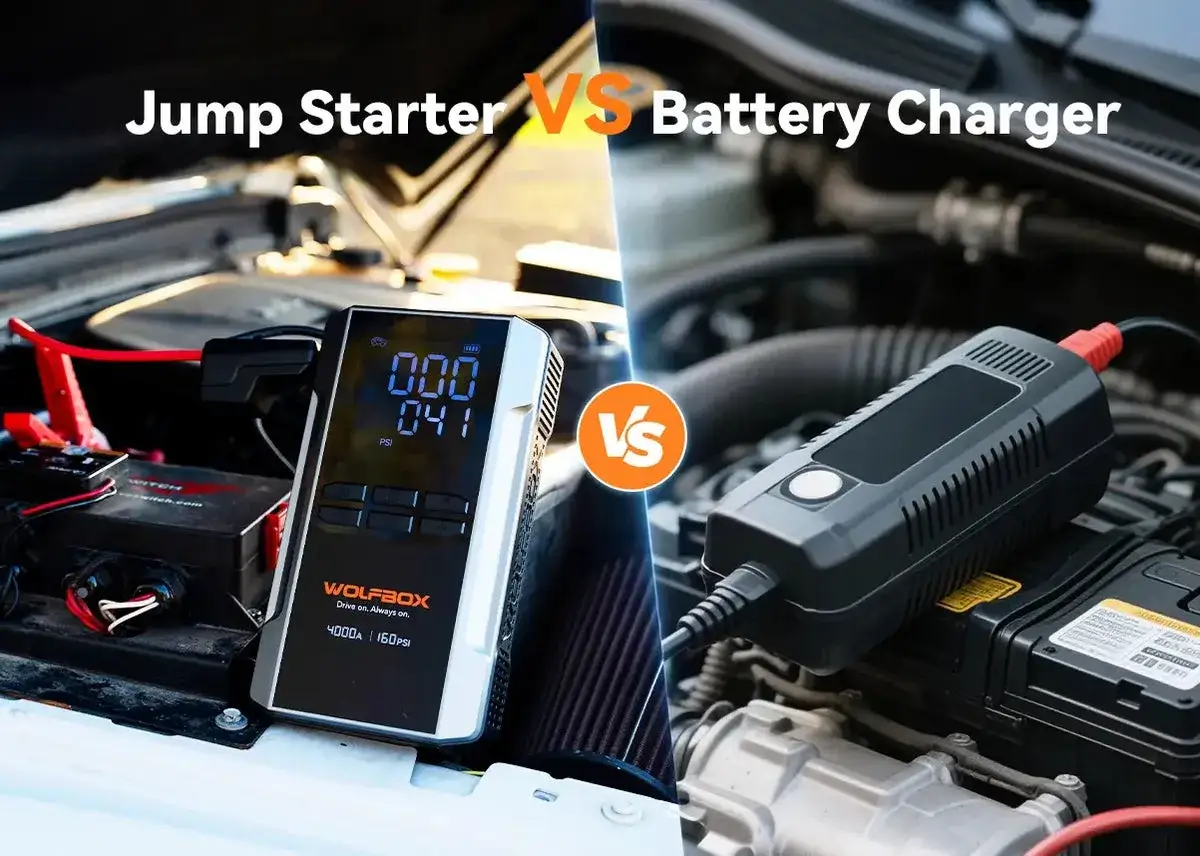 Jump starter vs battery charger: a side-by-side comparison of a portable jump starter and a trickle charger, both connected to car batteries.