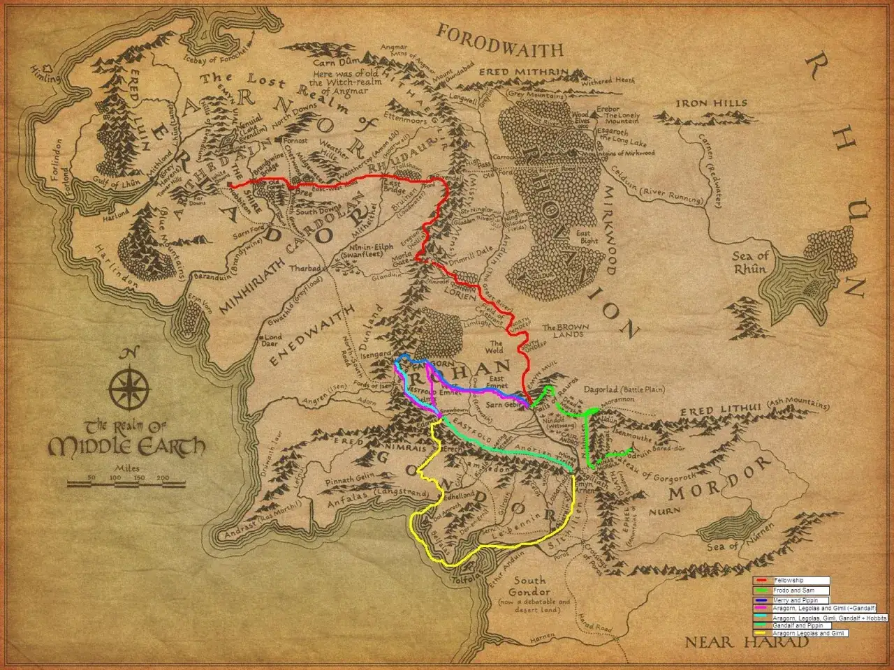 Mapa Śródziemia z zaznaczonymi trasami podróży, w tym drogą hobbitów. Streszczenie 