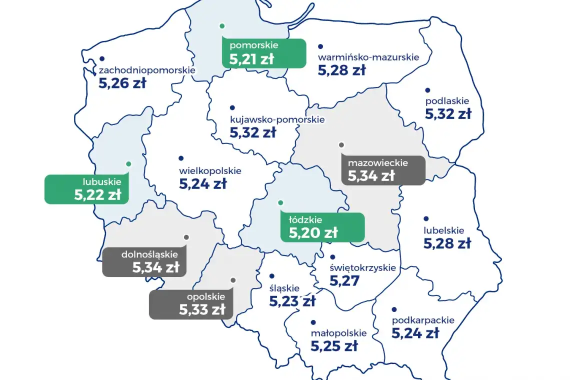 Mapa cen paliw Polska wojew&oacute;dztwa