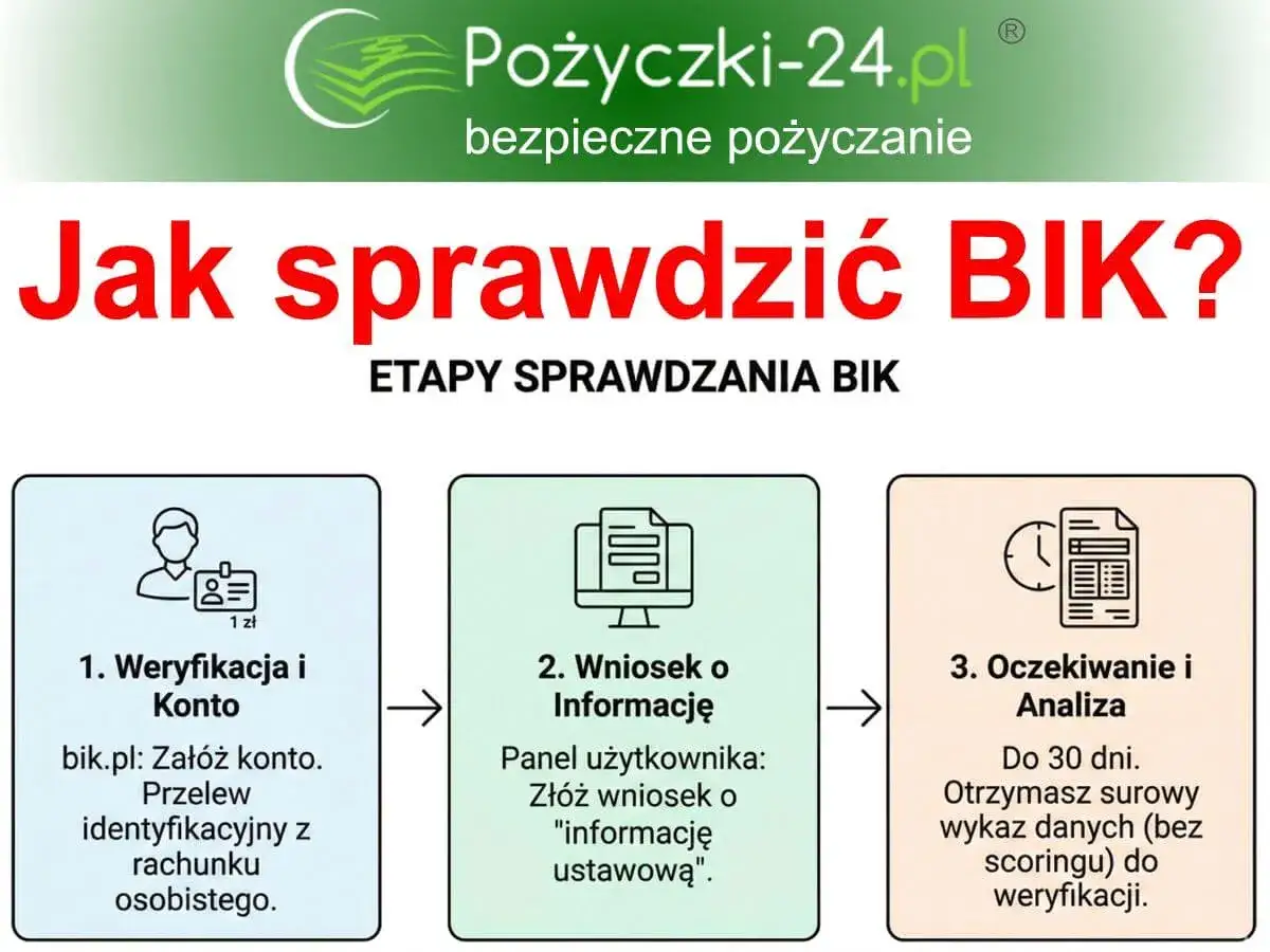 Jak sprawdzić BIK? Etapy: weryfikacja konta, złożenie wniosku o informację ustawową, oczekiwanie na analizę danych z biura informacji kredytowej.
