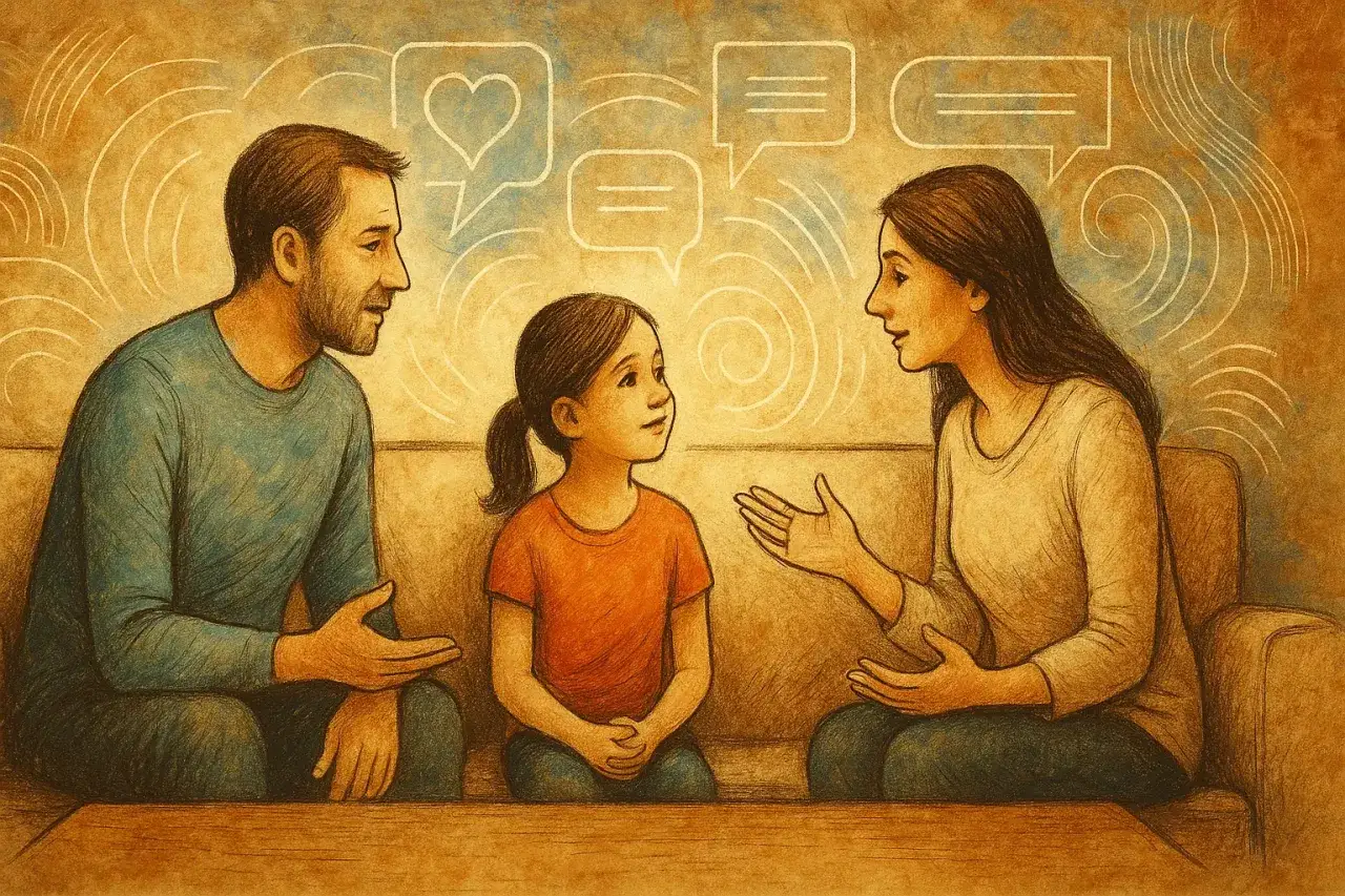 Famiglia discute serenamente, cercando soluzioni su cosa fare quando un figlio ti tratta male. Dialogo e comprensione.